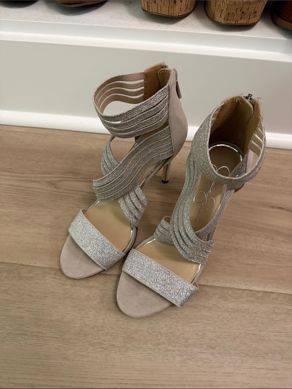 Jessica Simpson Glitter Strappy Ankle-Heel Sandals in Light Beige and Silver